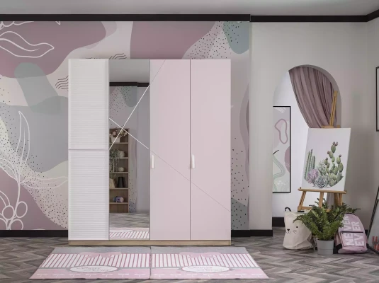 Armario rosa para niños con espejo y 4 puertas