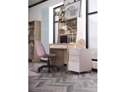 Juego de mesa infantil con 4 estantes en madera rosa