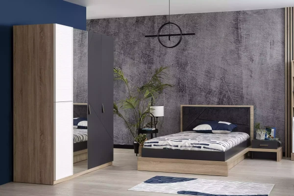 Armario con 4 puertas de madera gris con espejo para habitación infantil