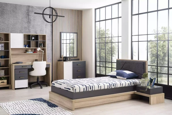 Cama nido con marco de madera gris para habitación moderna de adolescentes