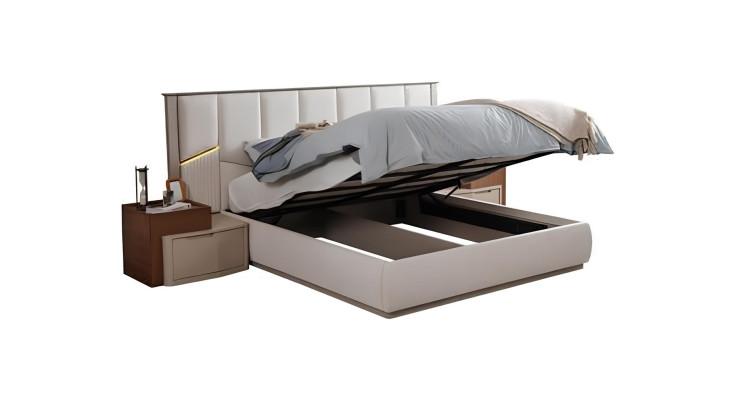 Juego de dormitorio beige camas tapizadas lujosas mesitas de noche armario
