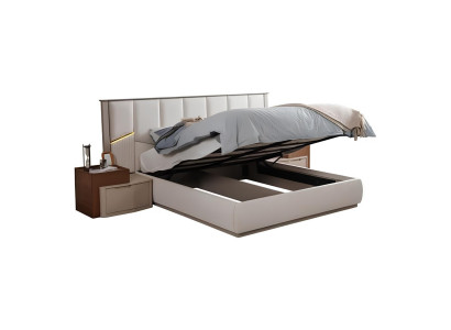 Juego de dormitorio beige camas tapizadas lujosas mesitas de noche armario