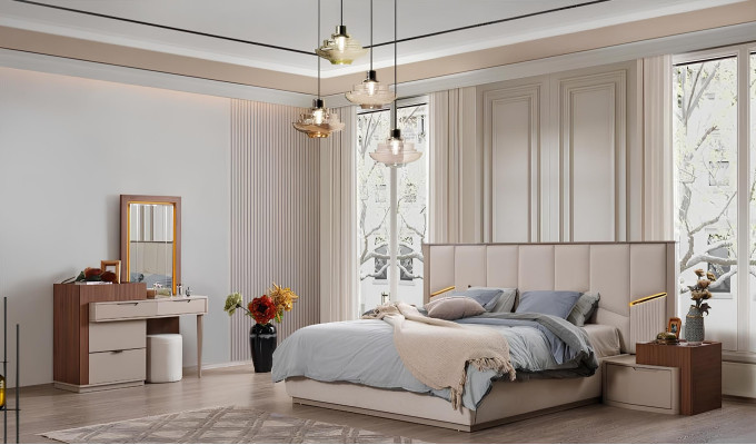Juego de dormitorio beige camas tapizadas lujosas mesitas de noche armario