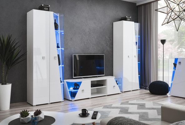 Conjunto de sala de estar blanco de lujo con pared moderna 2x vitrina y soporte para TV 3 piezas