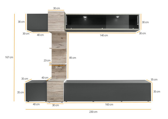 Conjunto de pared moderna de diseñador para sala de estar con estantes grises y soporte para TV