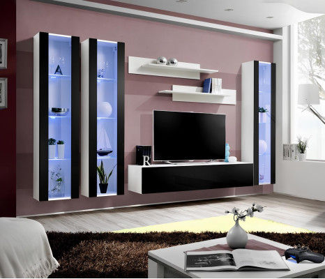 Moderna pared de salón con estantes y vitrina suspendida diseño muebles
