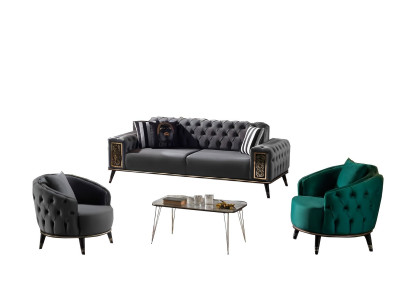 Sofá Chesterfield diseñador gris-verde 2x sofá de tres plazas sillón