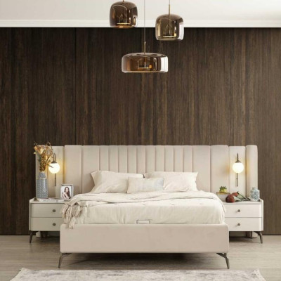 Conjunto de muebles tapizados para dormitorio blanco con cama matrimonial elegante y 2 mesitas de noche