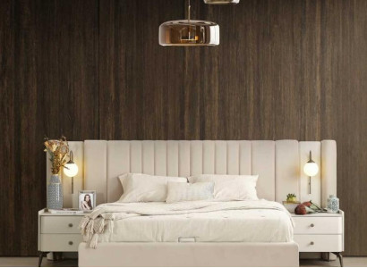 Conjunto de muebles tapizados para dormitorio blanco con cama matrimonial elegante y 2 mesitas de noche