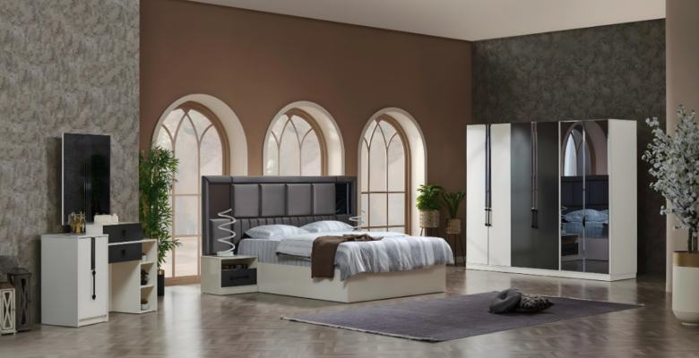 Cama matrimonial de lujo de madera con 2 mesitas de noche, conjunto de 6 piezas