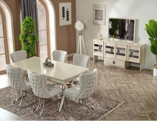 Conjunto de comedor de 9 piezas Mesa moderna 6 sillas Mueble con espejo Muebles de madera