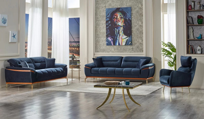 Juego de sofás azules de 3 piezas para sala de estar en tela muebles tapizados modernos