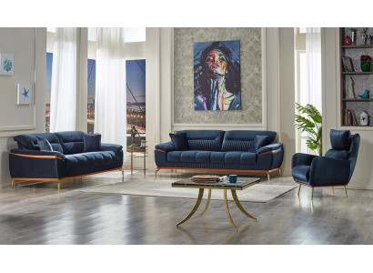 Juego de sofás azules de 3 piezas para sala de estar en tela muebles tapizados modernos