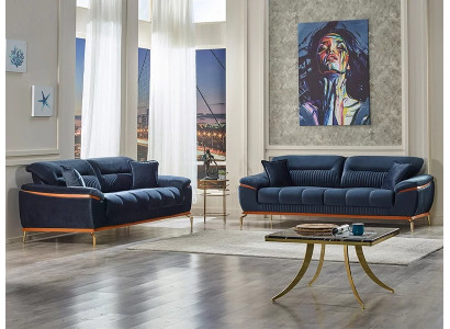 Salotto 2x Sofá de 3 plazas Tela Azul Juego de sofás Sofá de tres plazas