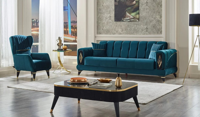 Juego de muebles tapizados de 2 piezas sofá de 3 plazas con sillón verde