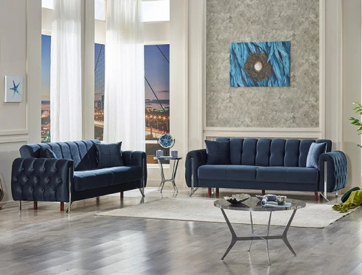 Muebles tapizados 2x sofá de tres plazas completo en tejido azul para sala de estar