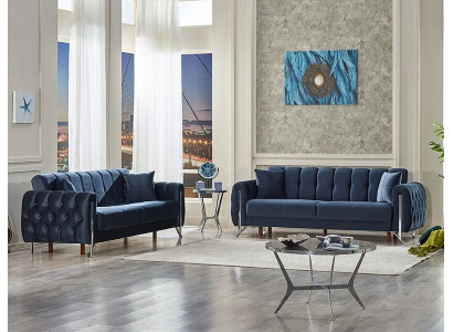 Muebles tapizados 2x sofá de tres plazas completo en tejido azul para sala de estar