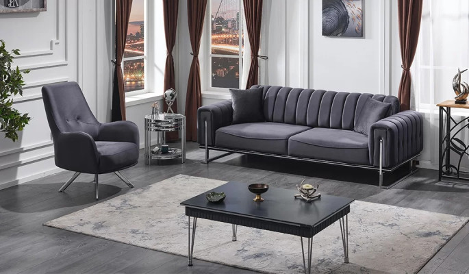 Conjunto de sofás 3+1 plazas salón lujo Chesterfield gris