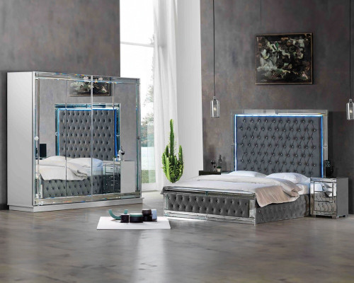 Cama matrimonial Chesterfield diseño 2x mesitas set 3 piezas