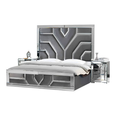 Conjunto de dormitorio moderno gris lujoso con cama de tela y 2 mesitas de noche