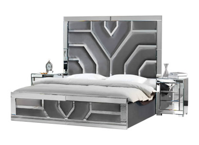 Conjunto de dormitorio moderno gris lujoso con cama de tela y 2 mesitas de noche