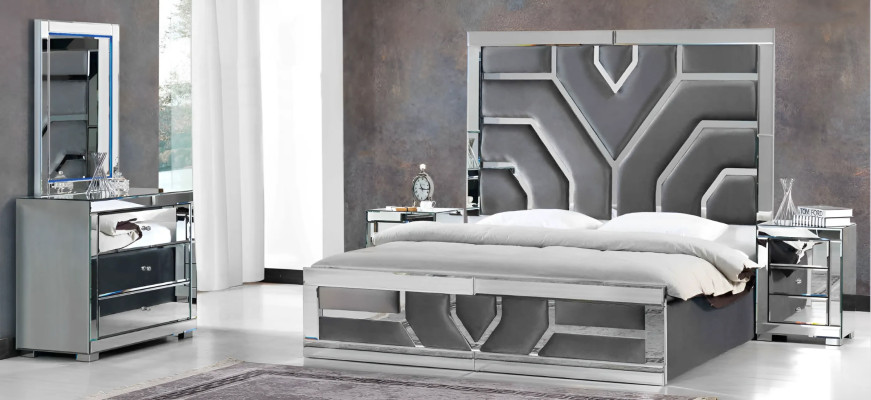 Juego de dormitorio elegante gris 2x mesitas de noche en tejido cómoda