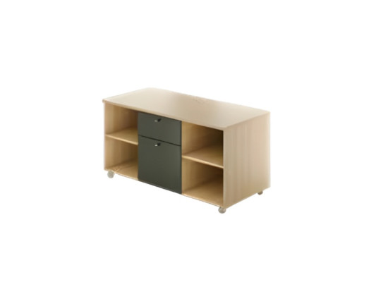 Armario negro marrón de diseño con ruedas de madera y estantes y cajón