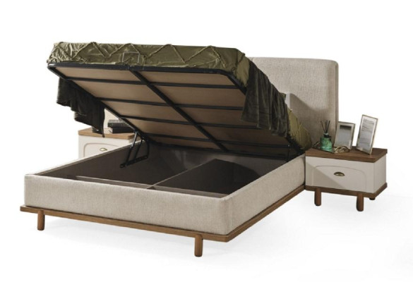 Cama moderna tapizada de lujo de diseño en madera con tejido de terciopelo