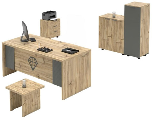 Conjunto de oficina en madera beige gris mesa armario mesita cómoda