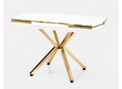 Mesa de comedor extensible de mármol blanco con patas doradas de acero inoxidable