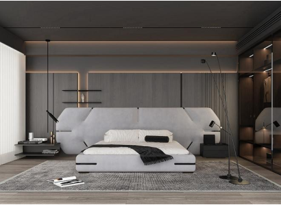Cama gris moderna con elegante cabecera y diseño estiloso para el dormitorio