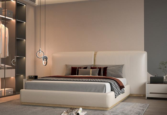 Cama de lujo beige con acentos dorados, diseño moderno, cabecero para dormitorio