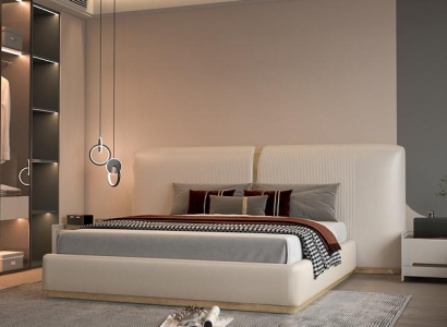 Cama de lujo beige con acentos dorados, diseño moderno, cabecero para dormitorio