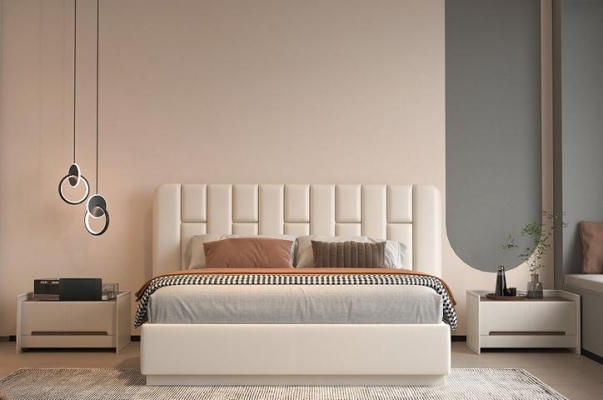Cama beige de lujo con cabecero acolchado moderno para dormitorio