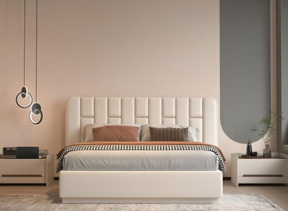 Cama beige de lujo con cabecero acolchado moderno para dormitorio