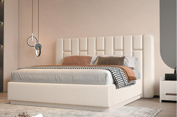 Cama beige de lujo con cabecero acolchado moderno para dormitorio
