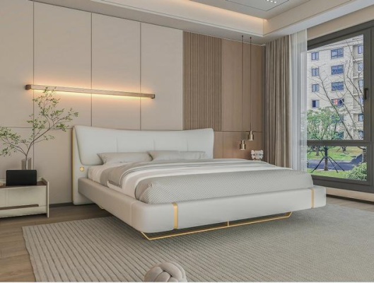 Cama gris lujosa con acentos dorados, diseño moderno y cabecera cómoda