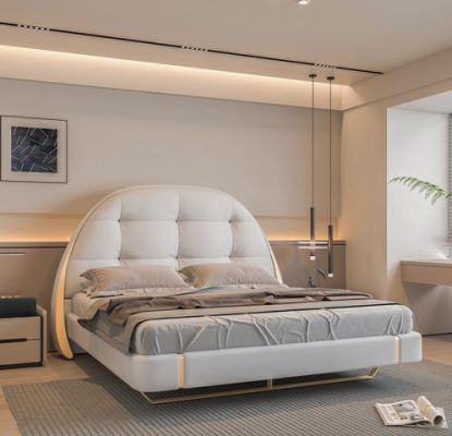 Cama gris lujosa con acentos dorados diseño moderno cabecera redonda