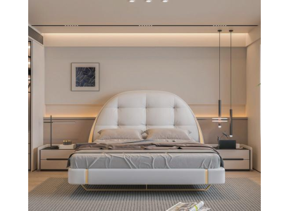 Cama gris lujosa con acentos dorados diseño moderno cabecera redonda