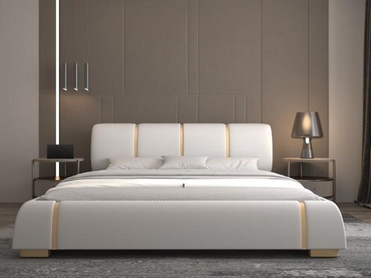 Cama de lujo con acentos dorados Diseño moderno Cabecera tapizada Habitación