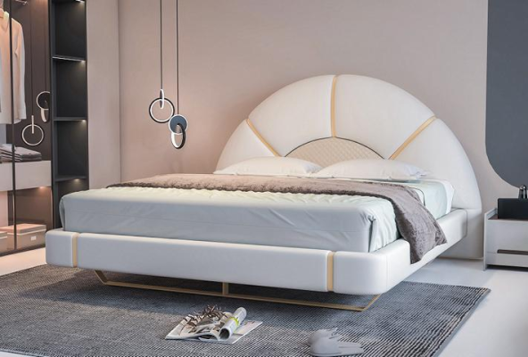 Cama de lujo con diseño moderno y acentos dorados, cabecera en forma de media luna