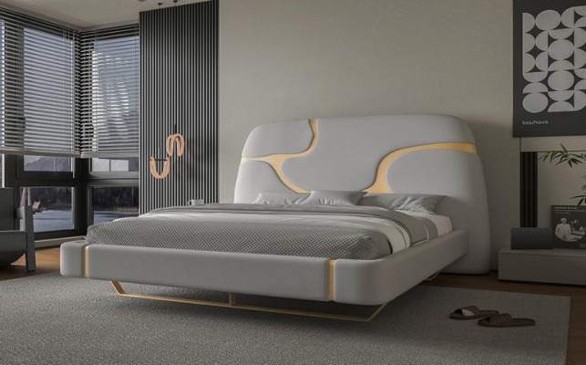 Cama de lujo con acentos dorados Diseño moderno Cabecera tapizada Dormitorio