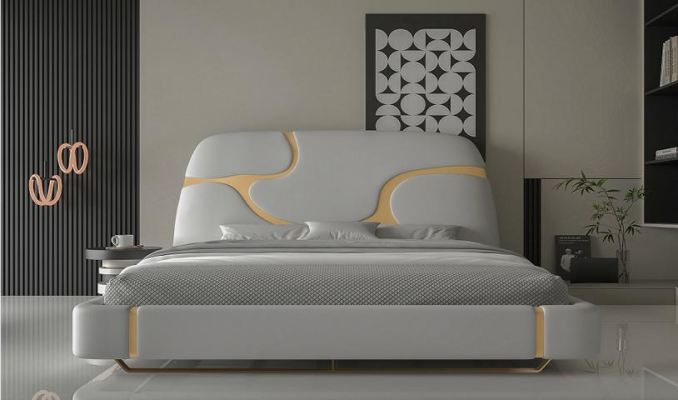 Cama de lujo con acentos dorados Diseño moderno Cabecera tapizada Dormitorio