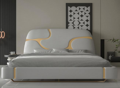 Cama de lujo con acentos dorados Diseño moderno Cabecera tapizada Dormitorio