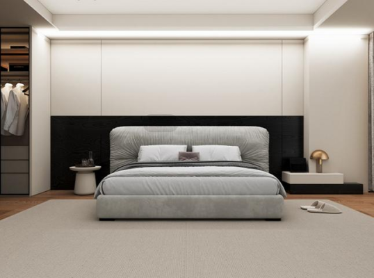 Cama gris lujosa con cabecera acolchada moderna para dormitorio