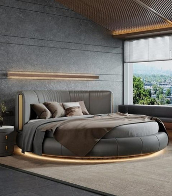 Cama redonda gris-beige exclusiva con diseño moderno para el dormitorio