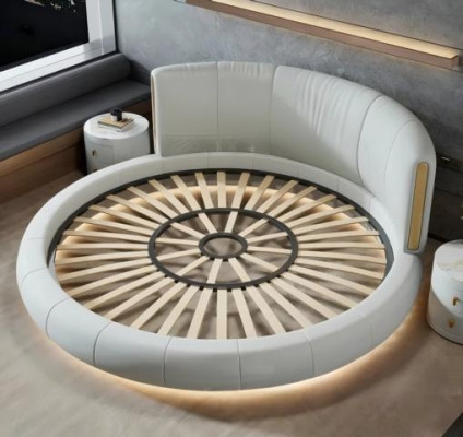 Cama redonda gris-beige exclusiva con diseño moderno para el dormitorio