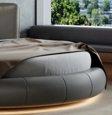 Cama redonda gris-beige exclusiva con diseño moderno para el dormitorio