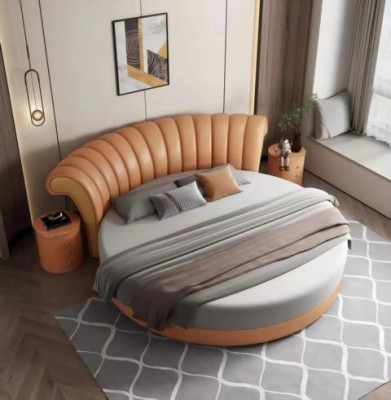 Cama redonda beige con diseño moderno para el dormitorio