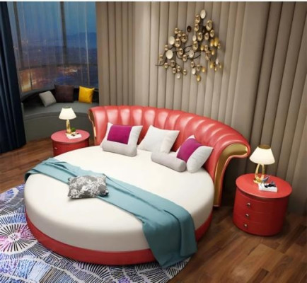 Cama redonda beige con diseño moderno para el dormitorio